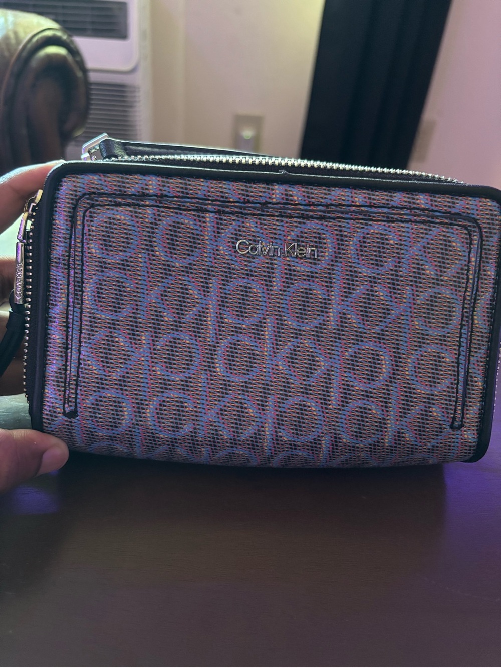 Calvin Klein Monogram Double-Zip Wristlet / Crossbody Bag – Multicolor